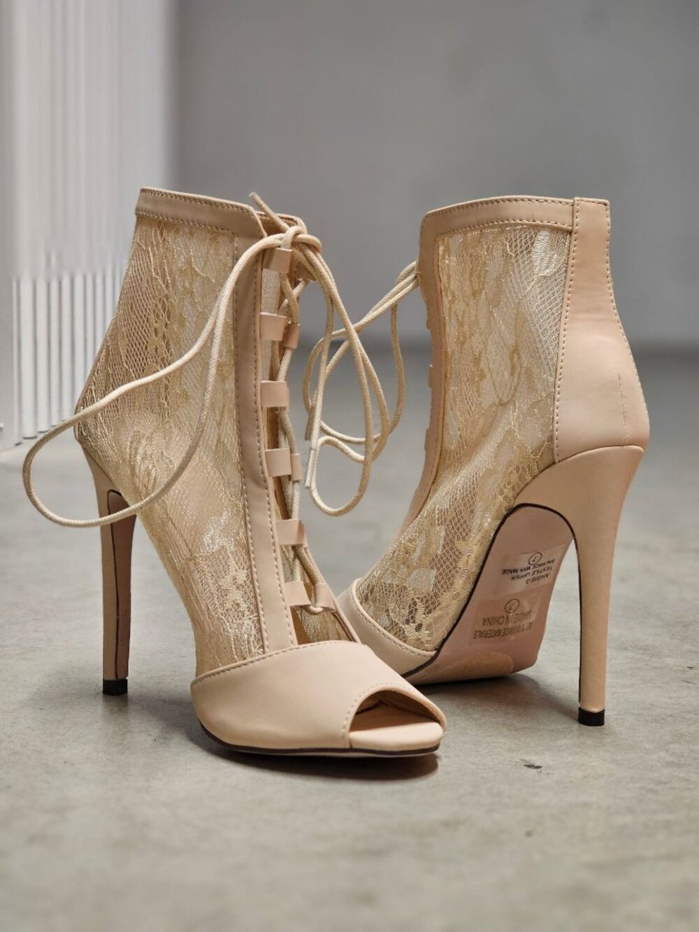 Peep Toe Lace-Up Stiletto Booties With Sheer Lace Panels Nude Beige High Heel An - Picture 4 of 12
